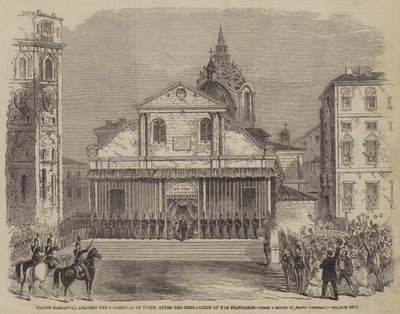 Victor Emmanuel verlaat de kathedraal van Turijn, na de zegening van de standaarden door Frank Vizetelly